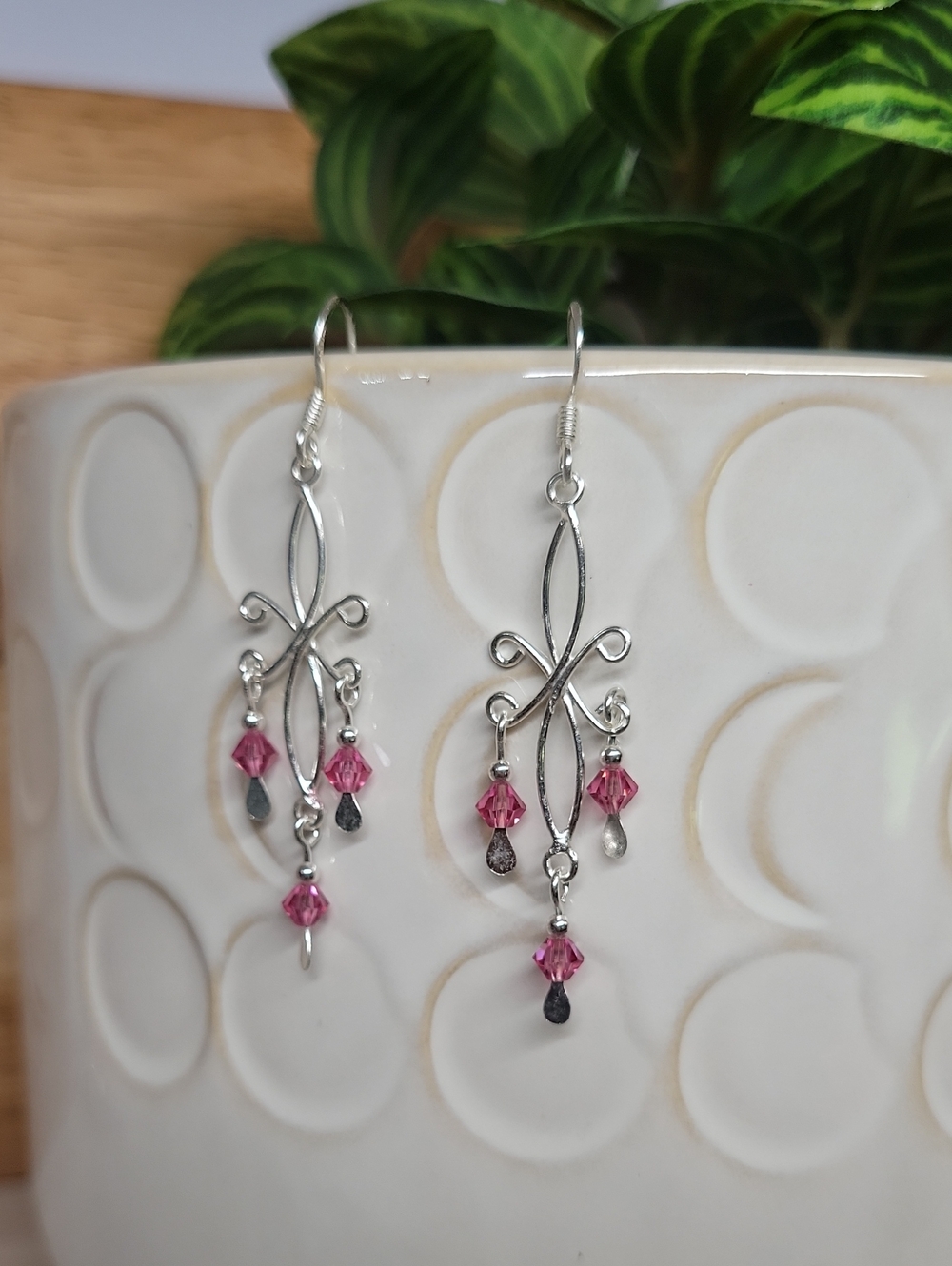 Silver Filigree Dangle Earrings with Pink Crystal Accents